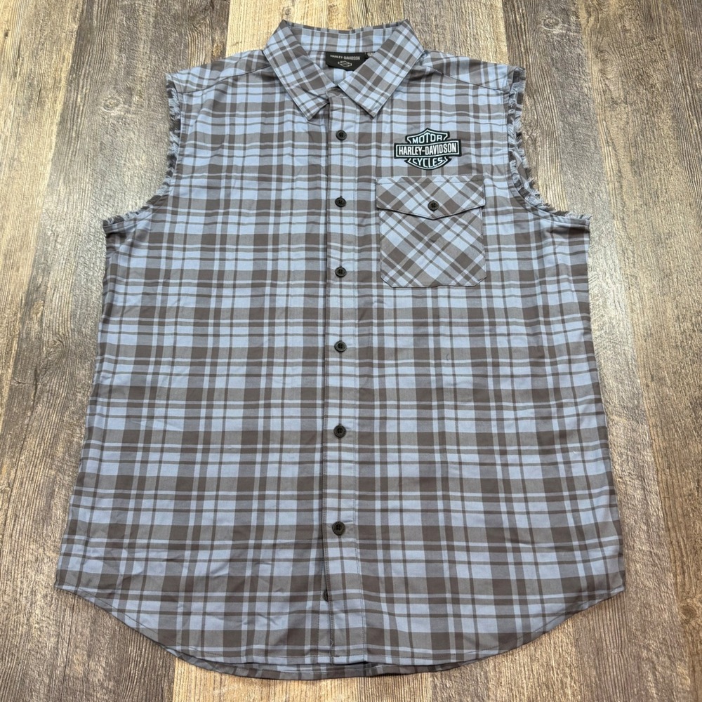 Harley-Davidson Sleeveless Shirt Mens L Blue Plaid Bar Shield Logo Button Down